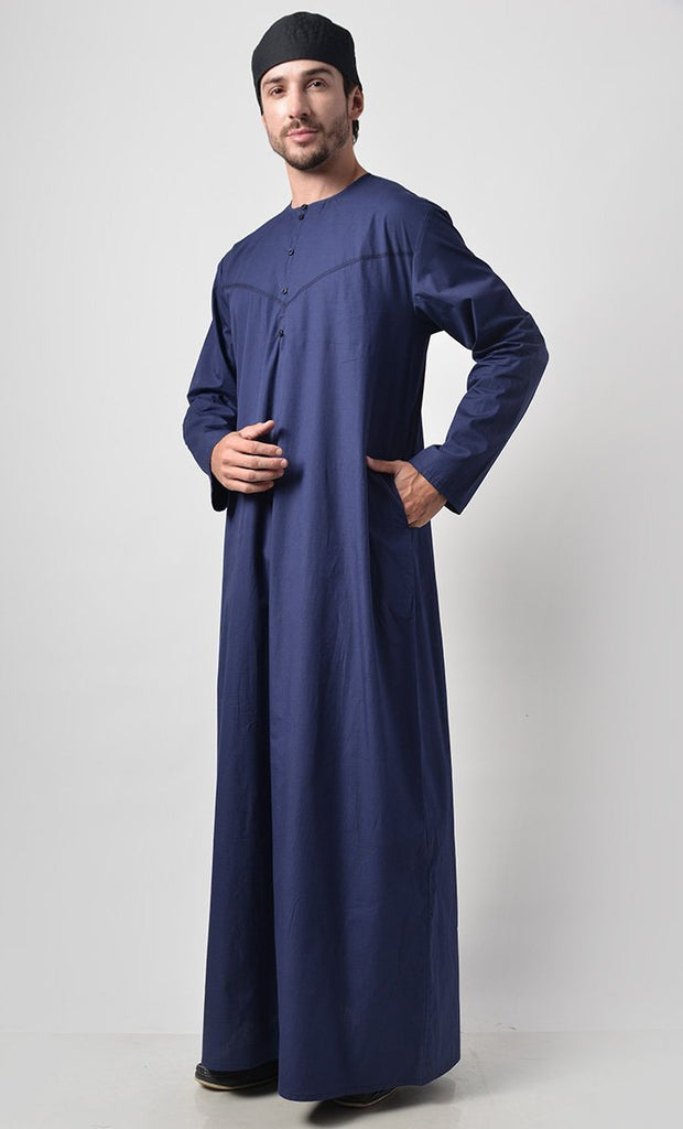 Basic Men's Front Yoke Detail Thobe (Navy) - Final Sale - EastEssence.com