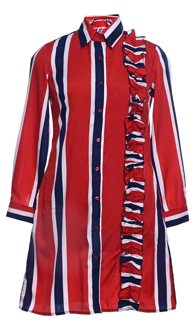 Basic Red Stripe Printed Button Down Tunic With Pockets - Final Sale - EastEssence.com