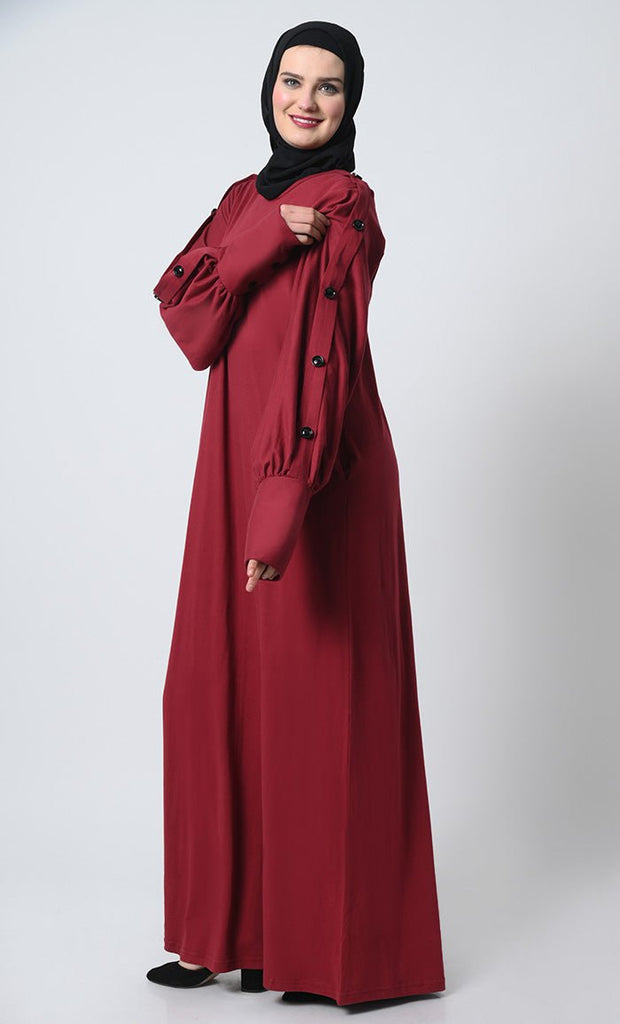 Batwing Sleeve Abaya – Round Neck, Decorative Buttons, Straight Cut - EastEssence.com