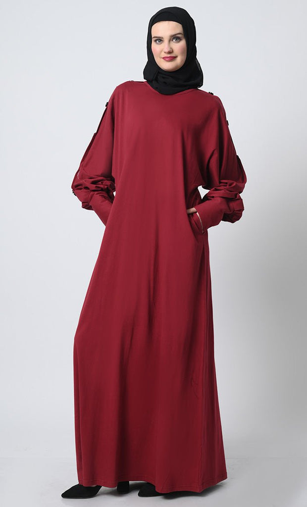 Batwing Sleeve Abaya – Round Neck, Decorative Buttons, Straight Cut - EastEssence.com