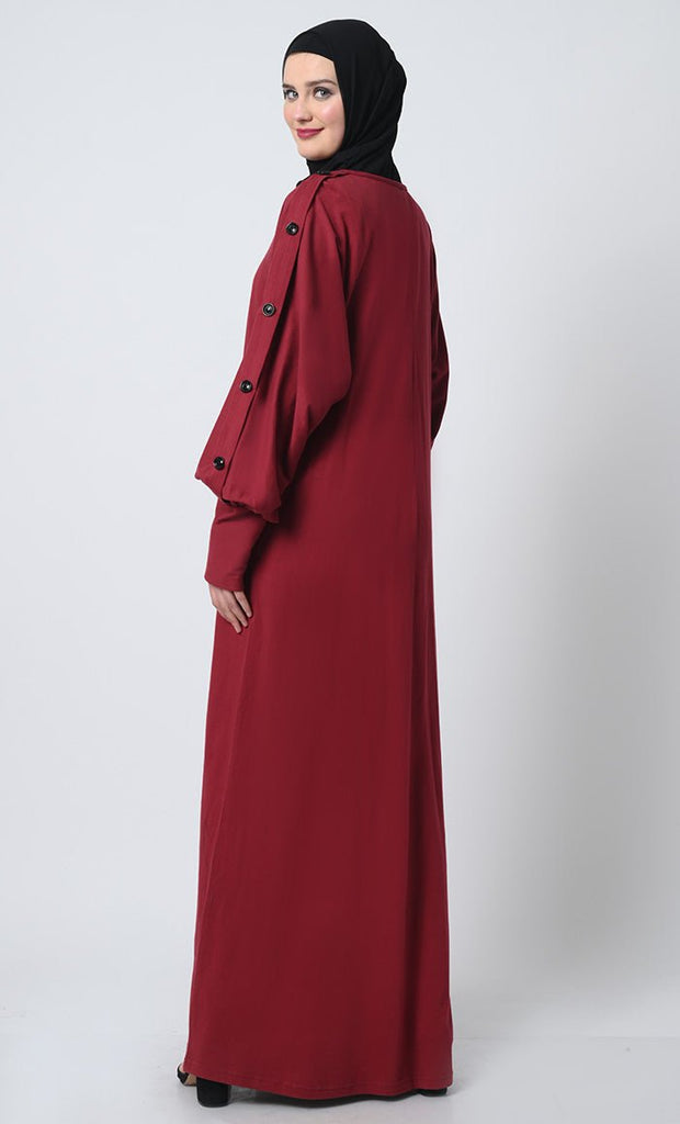 Batwing Sleeve Abaya – Round Neck, Decorative Buttons, Straight Cut - EastEssence.com