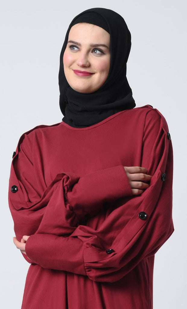 Batwing Sleeve Abaya – Round Neck, Decorative Buttons, Straight Cut - EastEssence.com