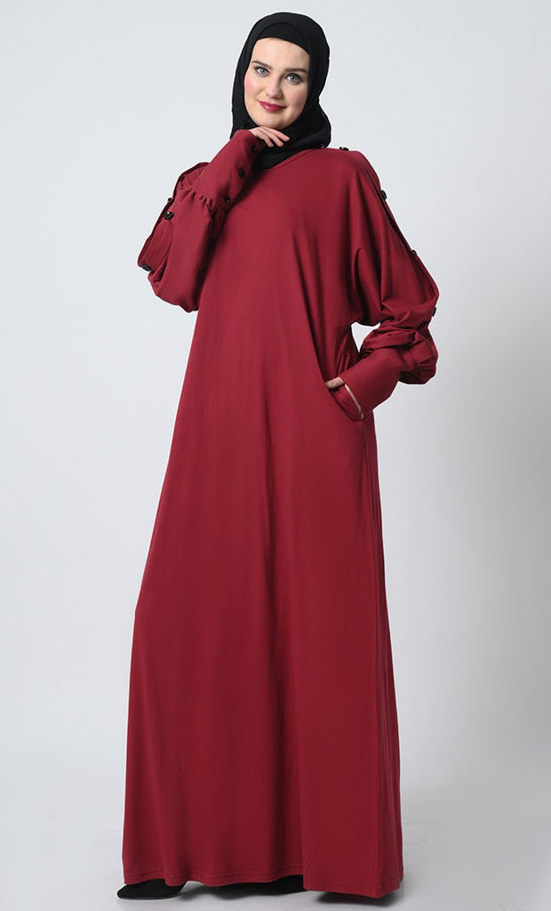 Batwing Sleeve Abaya – Round Neck, Decorative Buttons, Straight Cut - EastEssence.com