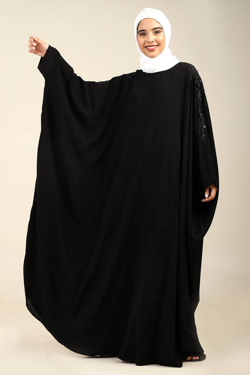 Beaded Batwing Sleeve Firdous Kaftan Abaya with Boat Neck - EastEssence.com
