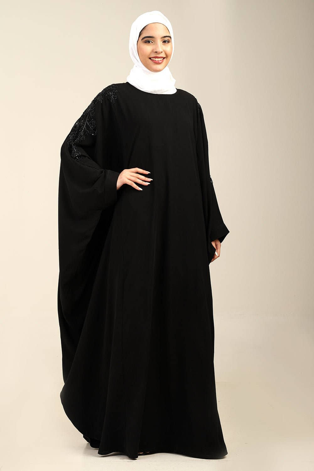 Beaded Batwing Sleeve Firdous Kaftan Abaya with Boat Neck - EastEssence.com