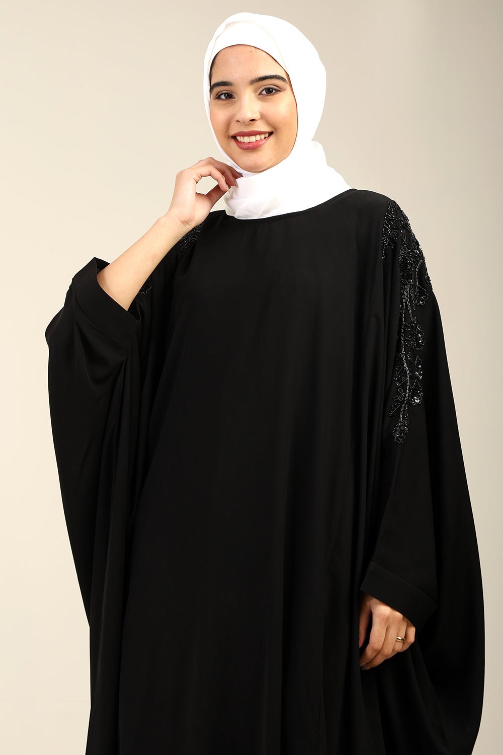 Beaded Batwing Sleeve Firdous Kaftan Abaya with Boat Neck - EastEssence.com