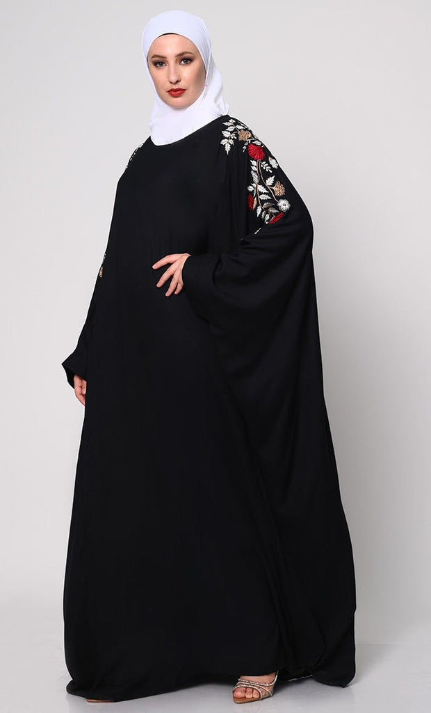 Beautiful Floral Embroiderd Black Kaftan with Pockets - EastEssence.com