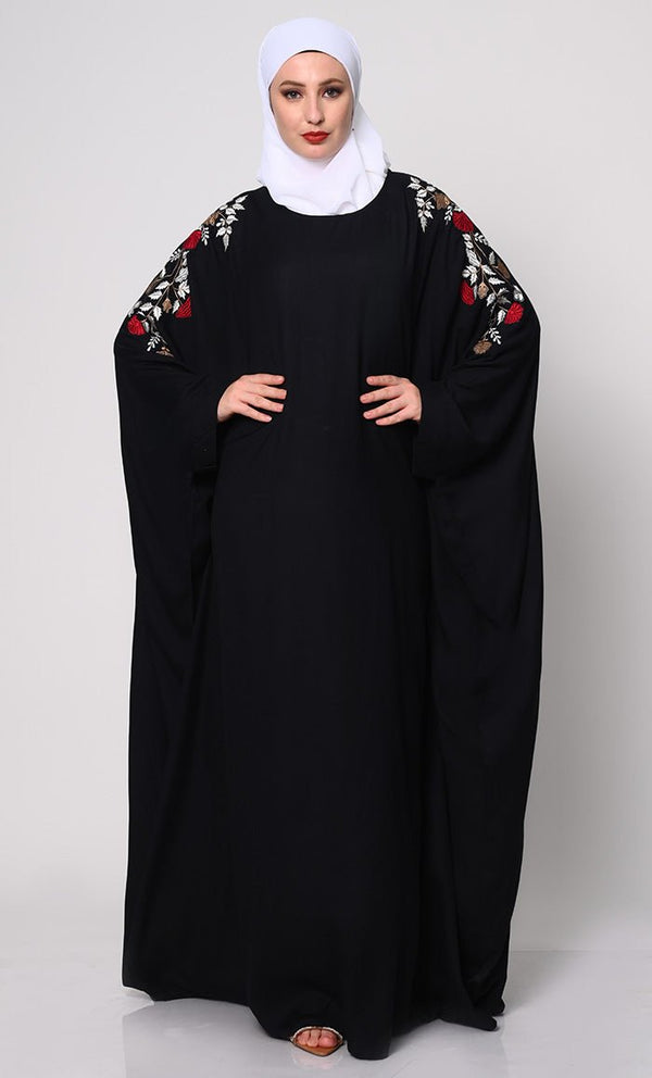 Beautiful Floral Embroiderd Black Kaftan with Pockets - EastEssence.com