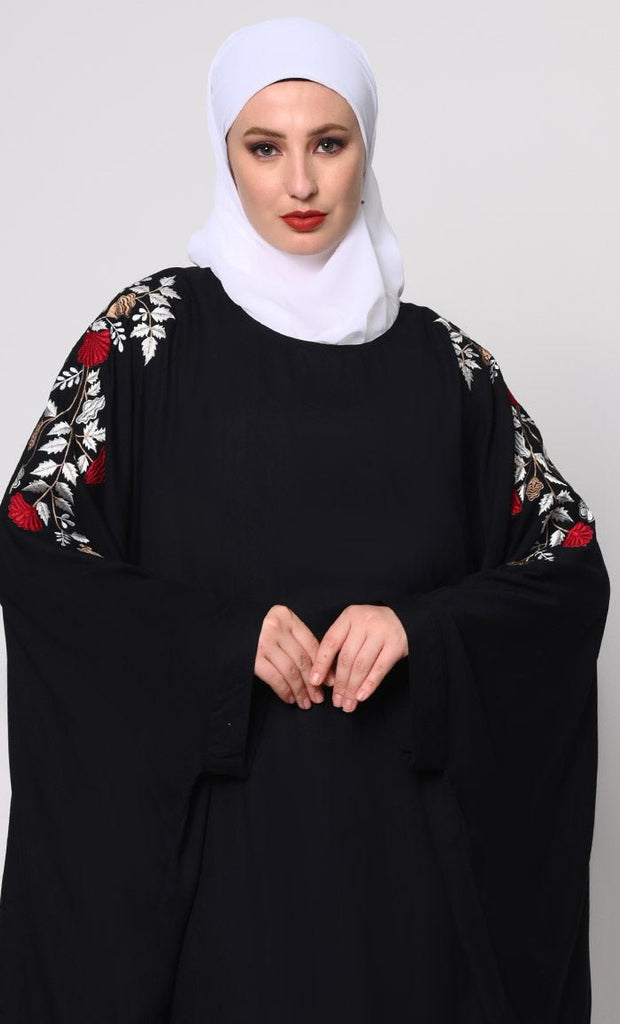 Beautiful Floral Embroiderd Black Kaftan with Pockets - EastEssence.com