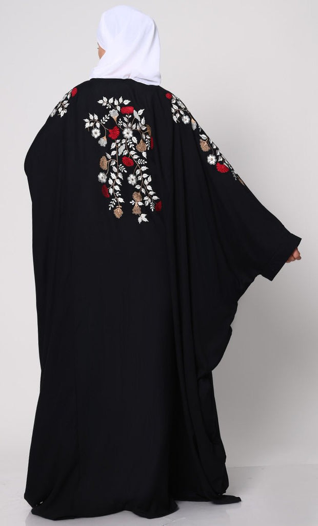 Beautiful Floral Embroiderd Black Kaftan with Pockets - EastEssence.com