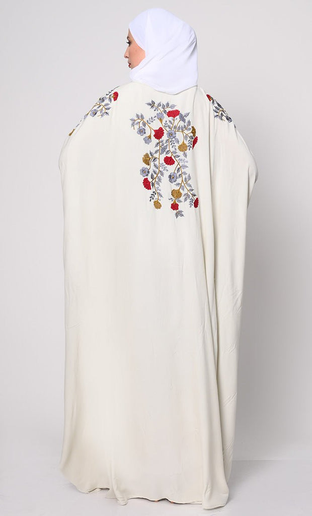 Beautiful Floral Embroiderd Ivory Kaftan with Pockets - EastEssence.com