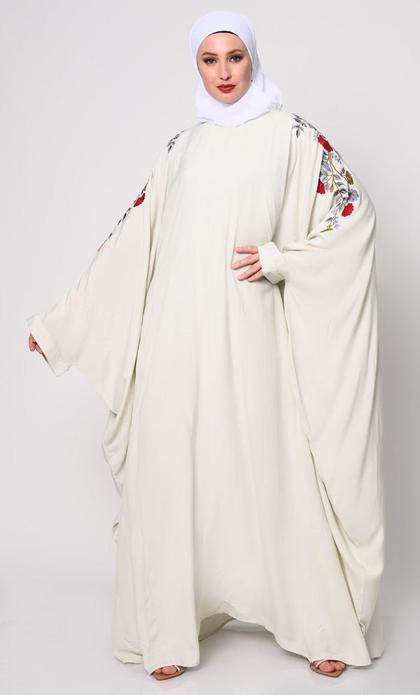 Beautiful Floral Embroiderd Ivory Kaftan with Pockets - EastEssence.com