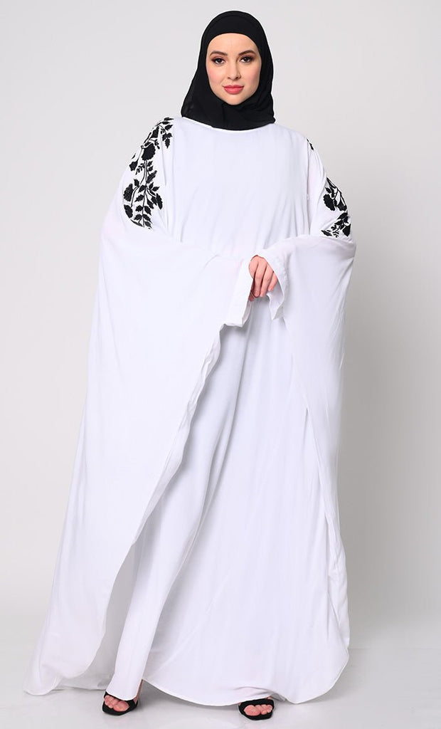 Beautiful Floral Embroiderd White Kaftan with Pockets - EastEssence.com