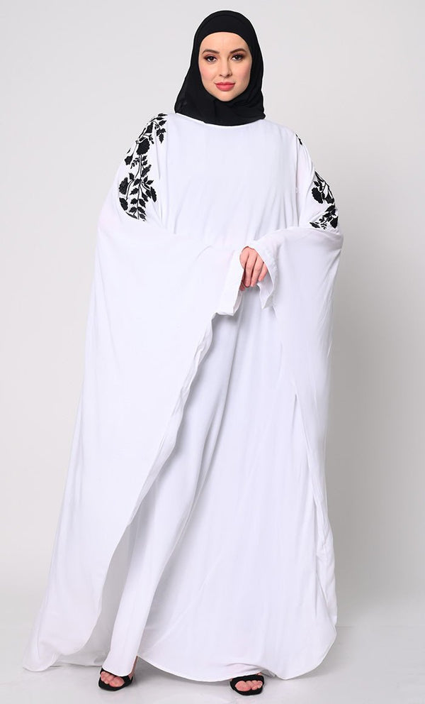 Beautiful Floral Embroiderd White Kaftan with Pockets - Final Sale - EastEssence.com
