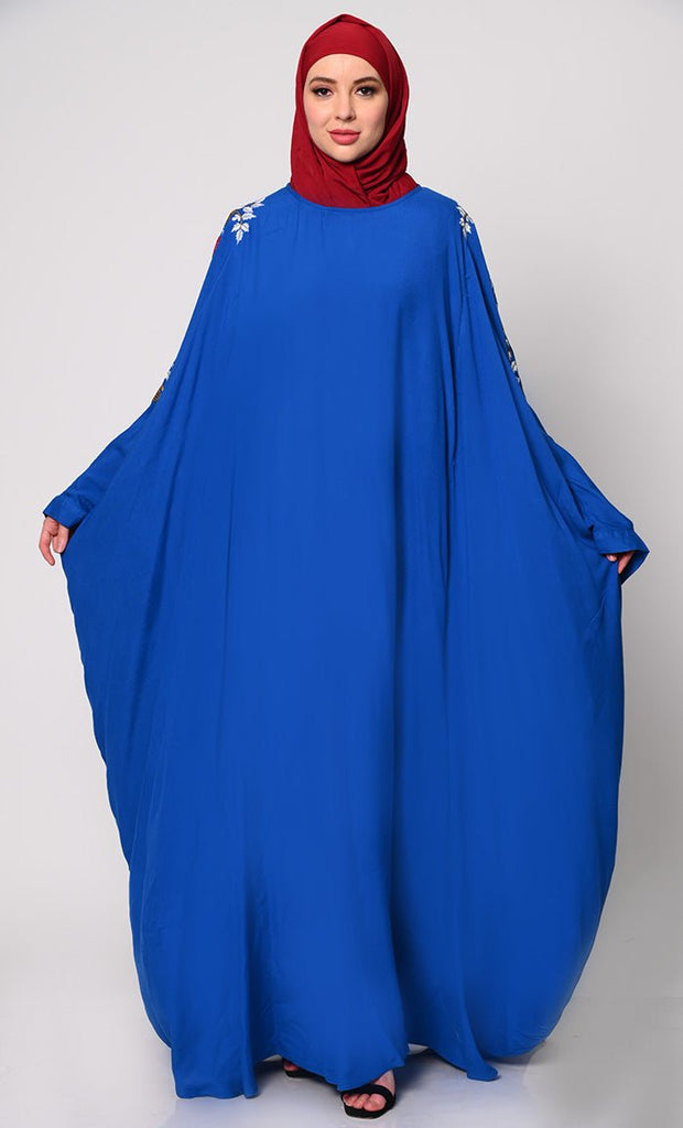 Beautiful Floral Embroiderd Zara Blue Kaftan with Pockets - EastEssence.com