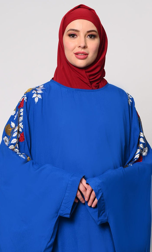 Beautiful Floral Embroiderd Zara Blue Kaftan with Pockets - EastEssence.com