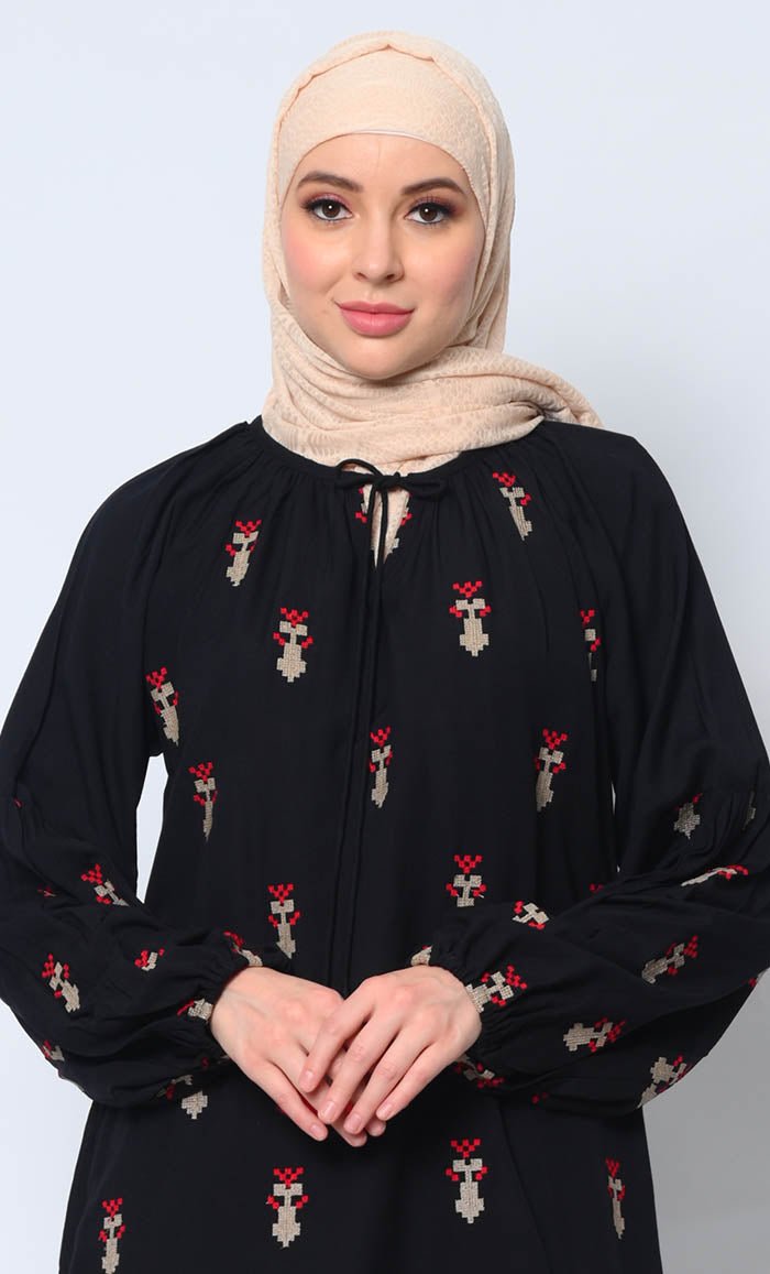 Beautiful Motifs Embroidered Black Tunic with Pockets - EastEssence.com