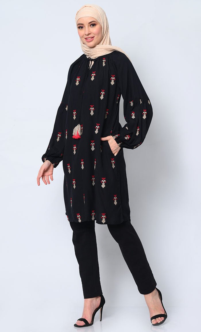 Beautiful Motifs Embroidered Black Tunic with Pockets - EastEssence.com