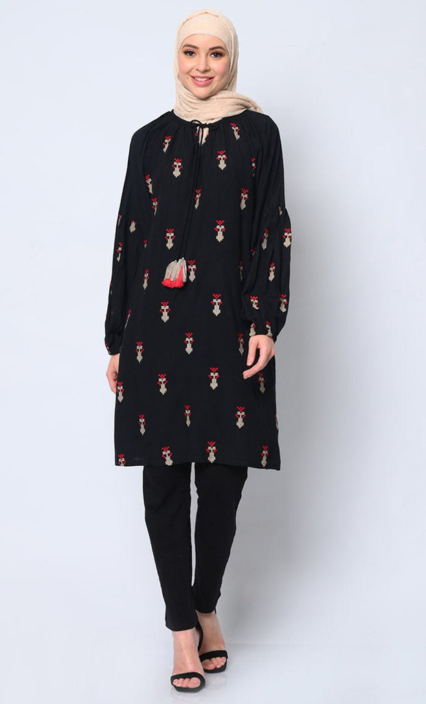 Beautiful Motifs Embroidered Black Tunic with Pockets - EastEssence.com