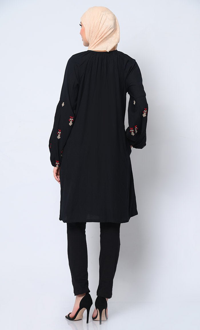 Beautiful Motifs Embroidered Black Tunic with Pockets - EastEssence.com