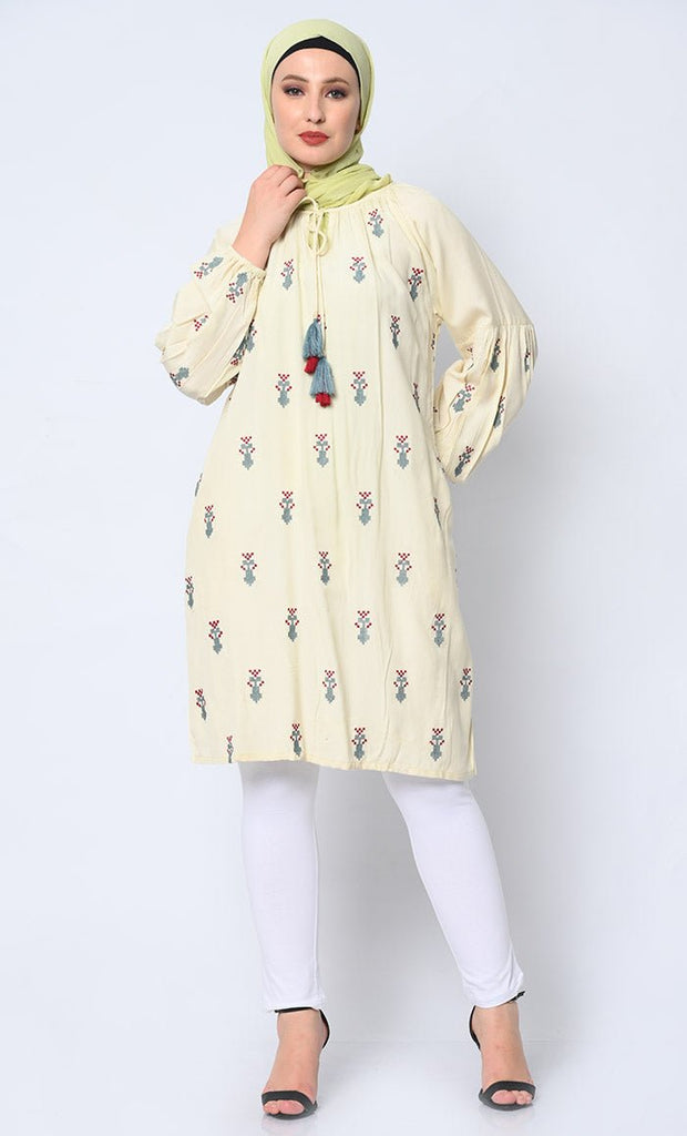 Beautiful Motifs Embroidered Cream Tunic with Pockets - EastEssence.com