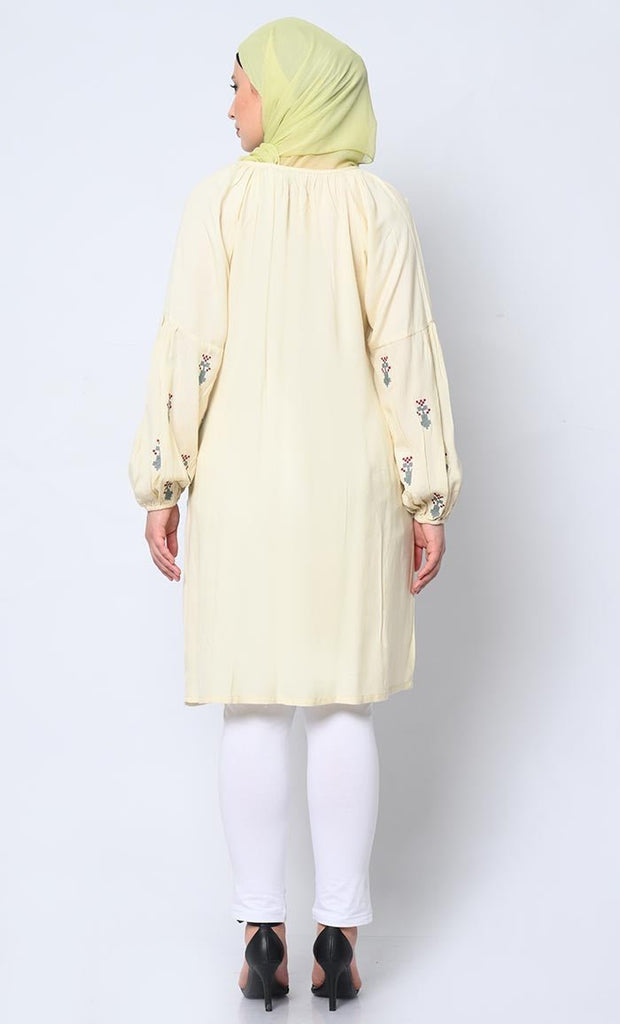 Beautiful Motifs Embroidered Cream Tunic with Pockets - EastEssence.com