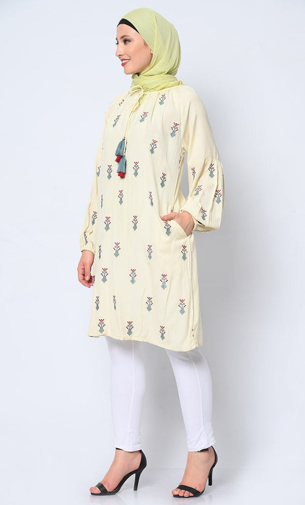 Beautiful Motifs Embroidered Cream Tunic with Pockets - EastEssence.com