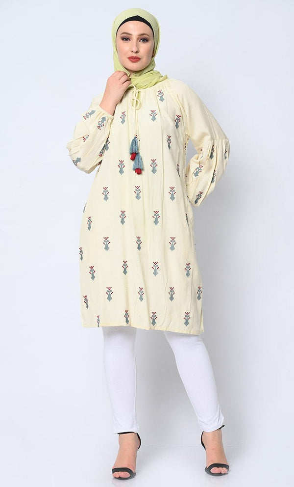 Beautiful Motifs Embroidered Cream Tunic with Pockets - Final Sale - EastEssence.com