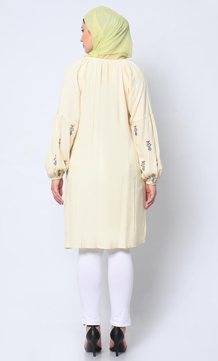 Beautiful Motifs Embroidered Cream Tunic with Pockets - Final Sale - EastEssence.com
