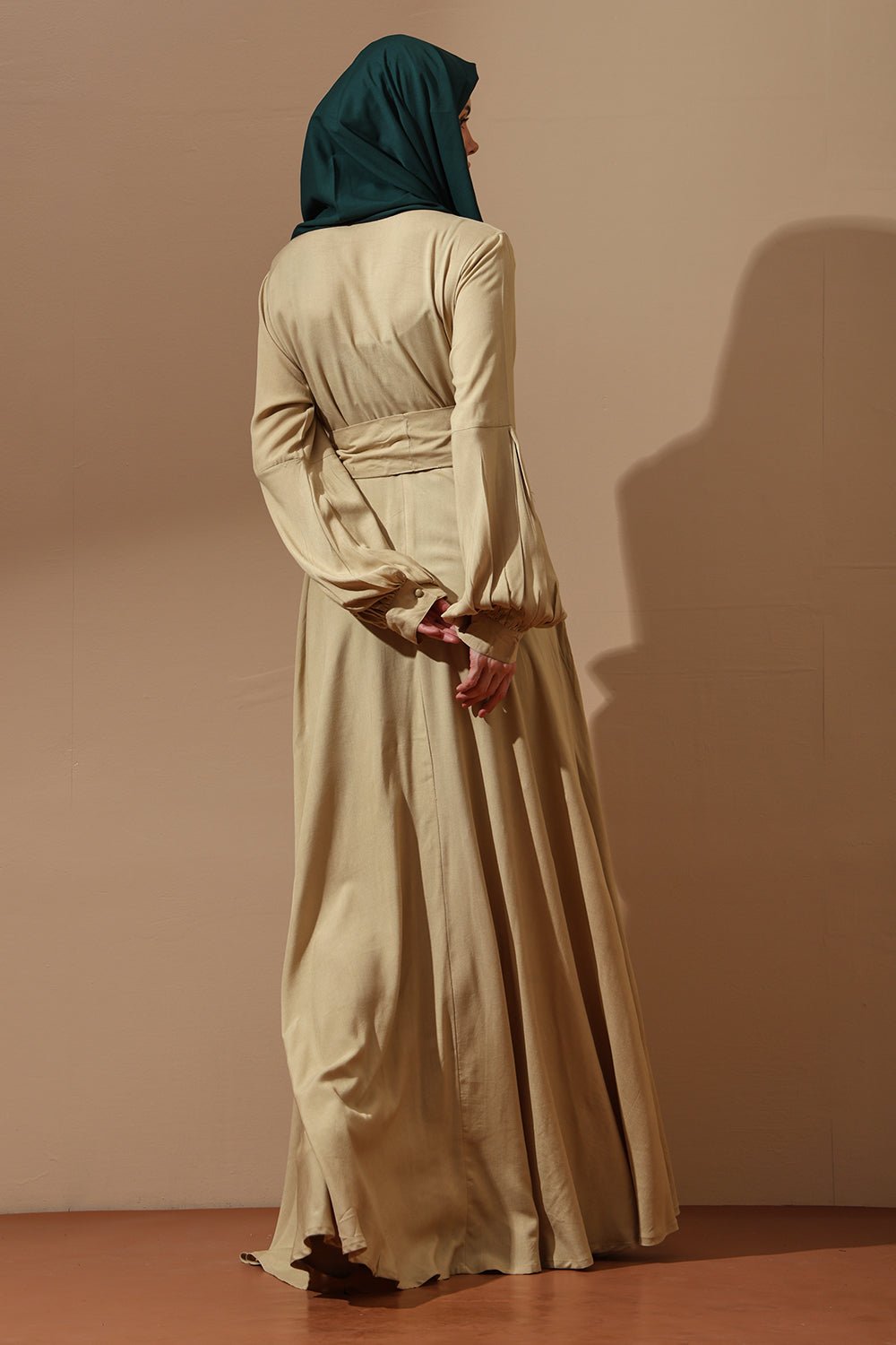 Beige Belted Abaya with Pleated Sleeves - EastEssence.com