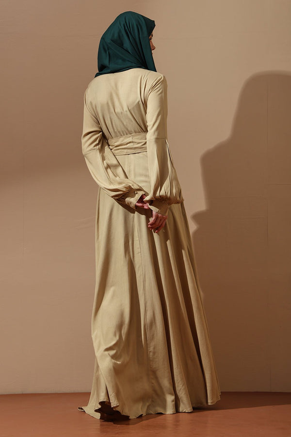 Beige Belted Abaya with Pleated Sleeves - EastEssence.com