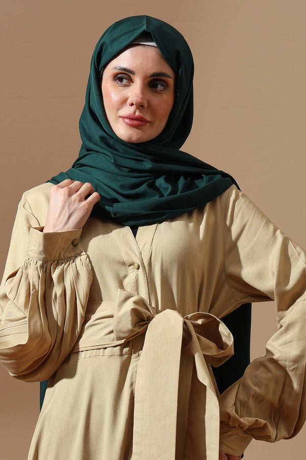 Beige Belted Abaya with Pleated Sleeves - EastEssence.com