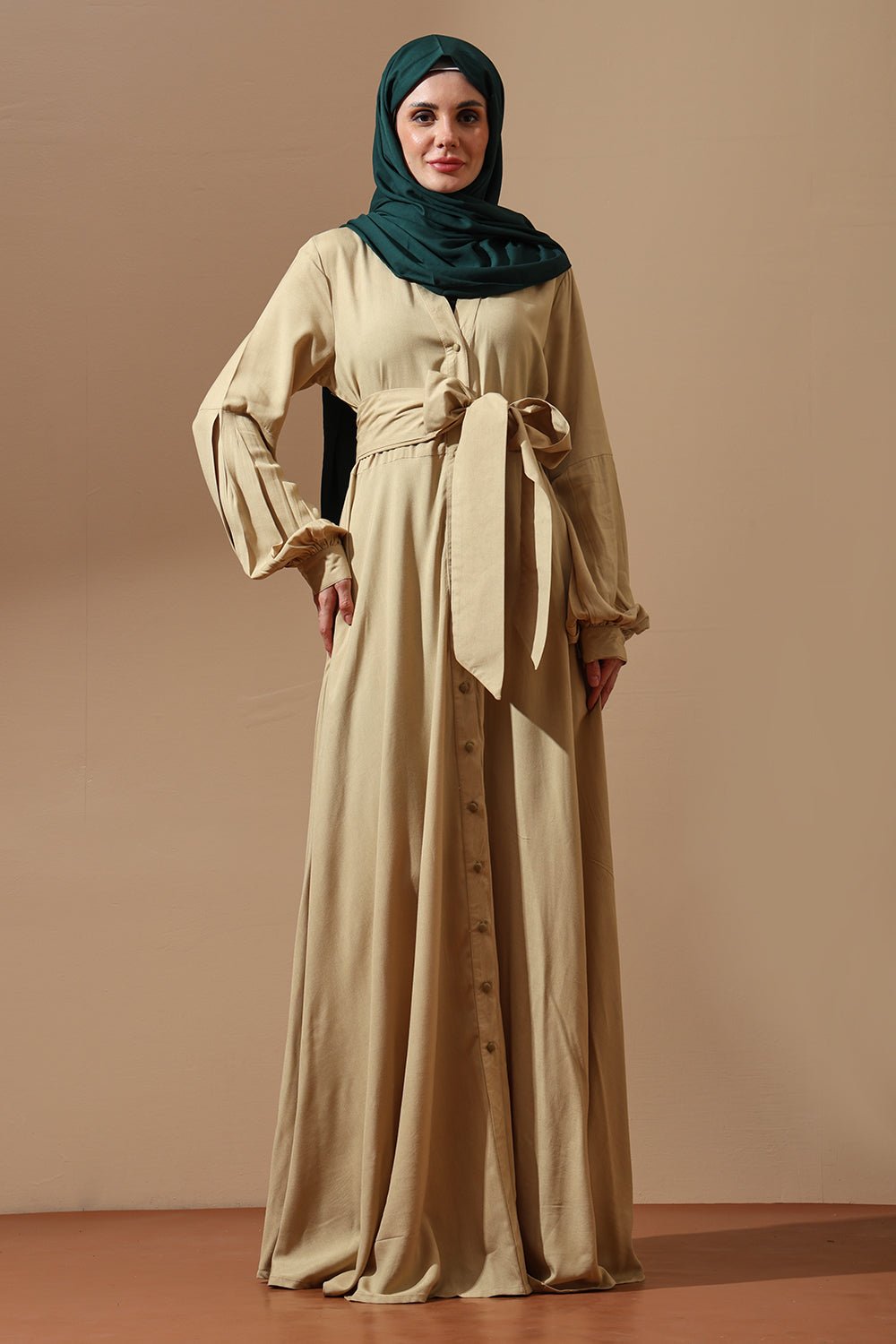 Beige Belted Abaya with Pleated Sleeves - EastEssence.com
