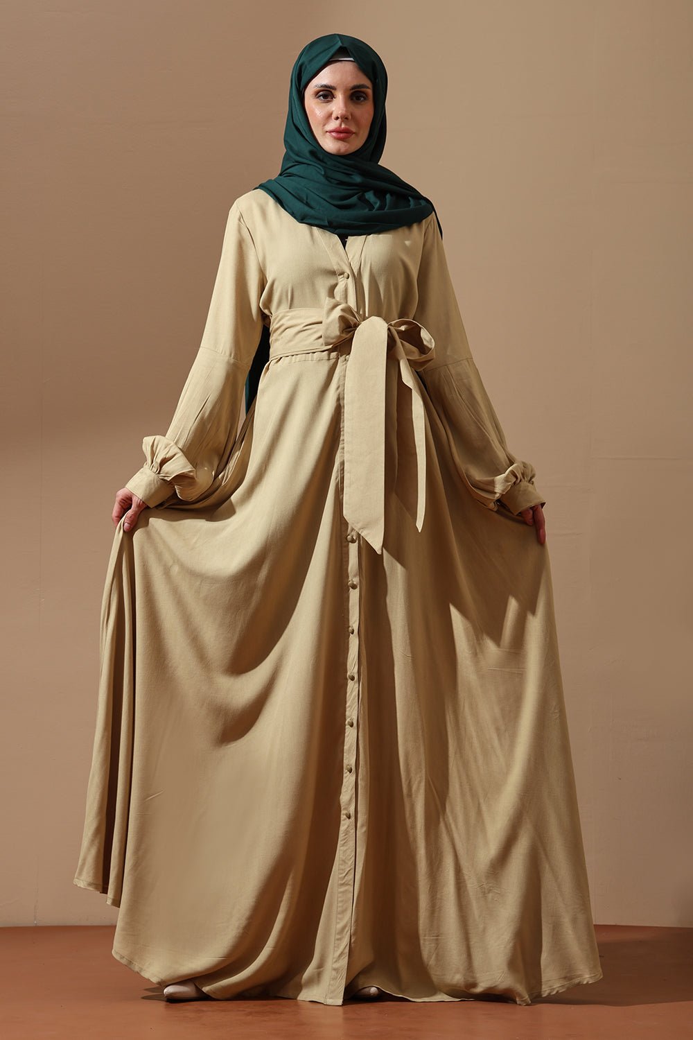 Beige Belted Abaya with Pleated Sleeves - EastEssence.com