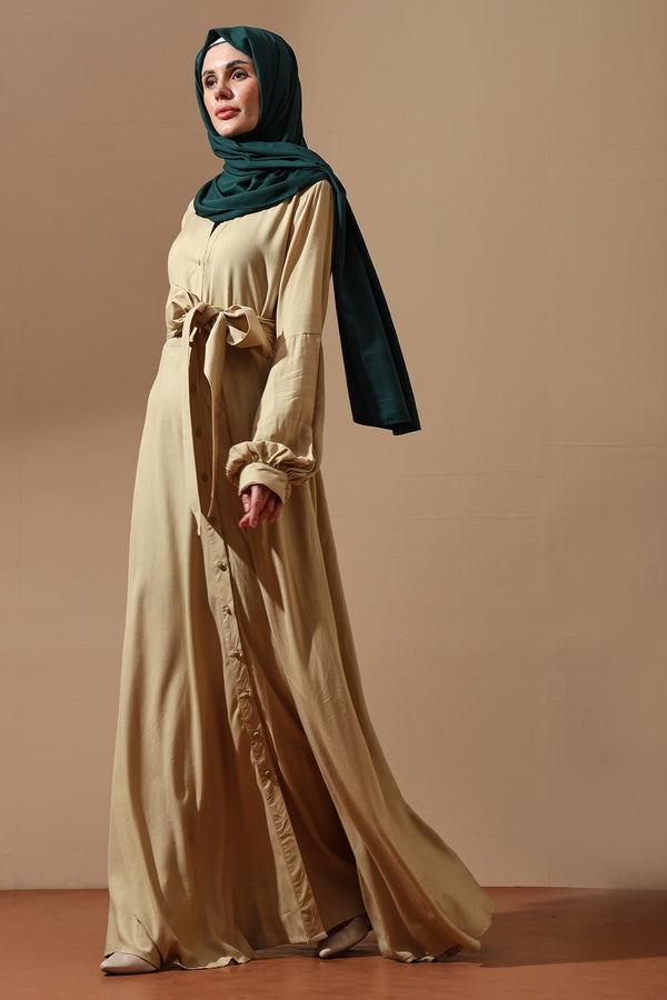 Beige Belted Abaya with Pleated Sleeves - EastEssence.com