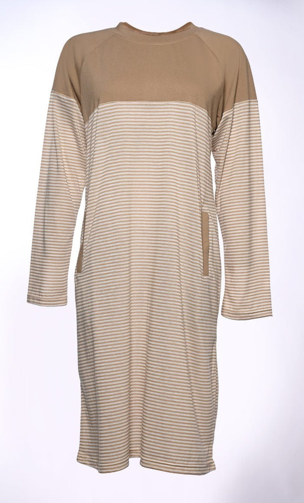 Beige Korean Striped Knitted Tunic with Pockets - Final Sale - EastEssence.com