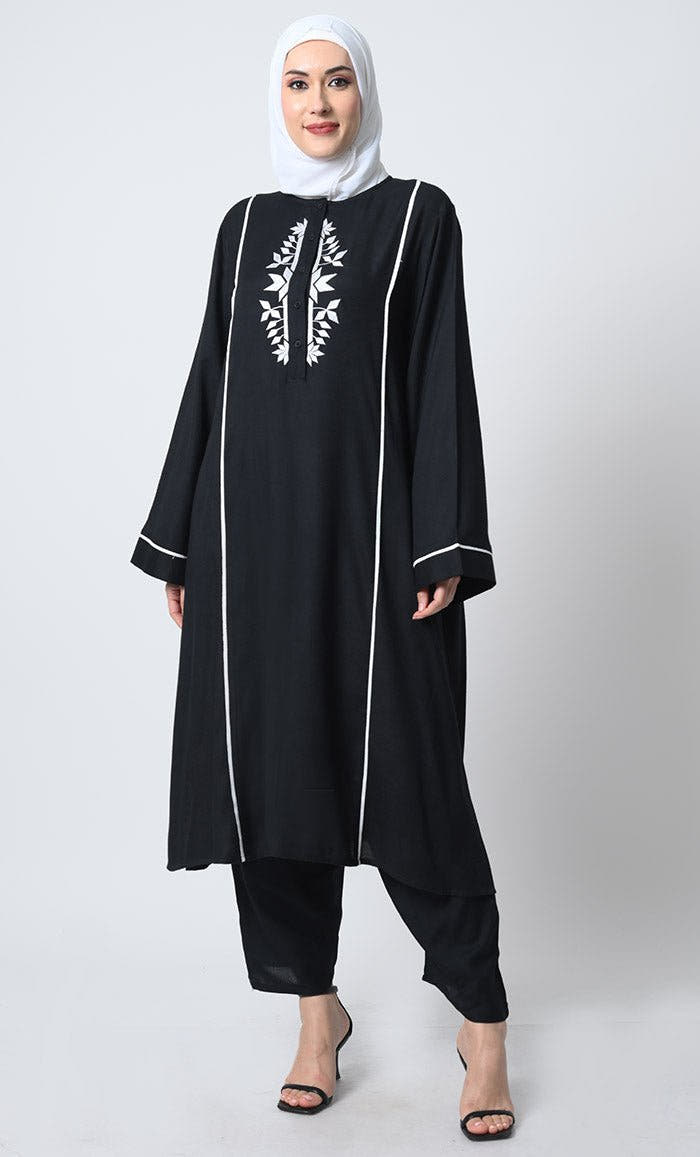 Bell Sleeve Rayon Kameez & Pant Set – Placket Neck, Embroidery, & Piping