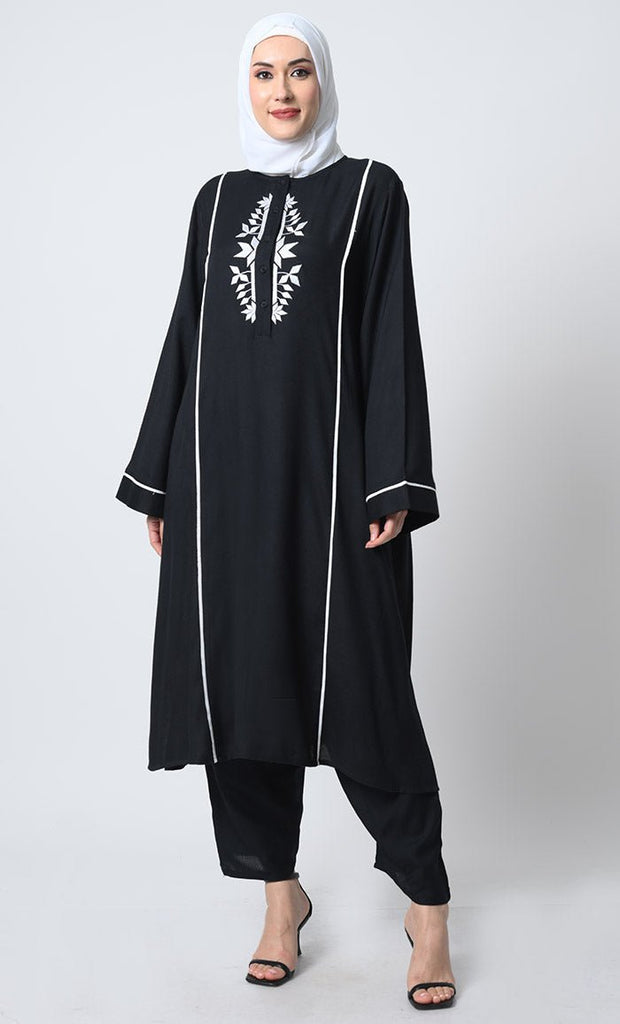 Bell Sleeve Rayon Kameez and Pant Set – Placket Neck, Embroidery, and Piping - EastEssence.com