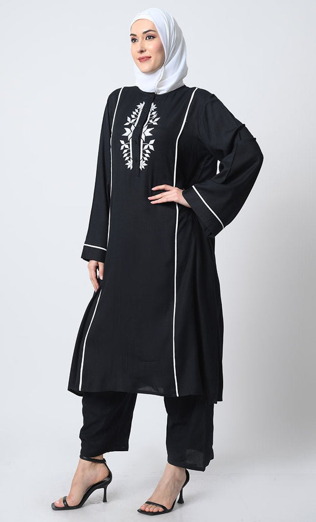 Bell Sleeve Rayon Kameez and Pant Set – Placket Neck, Embroidery, and Piping - EastEssence.com