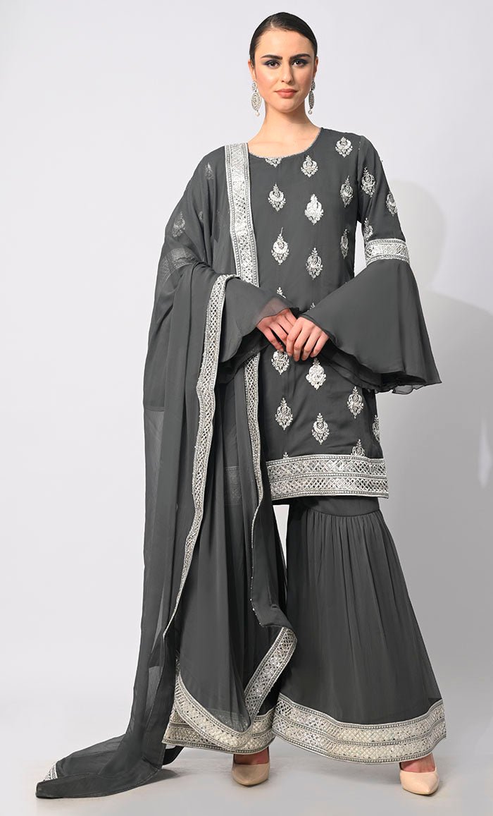 Belle of the Eid: 3 Pc Grey Garara Set with Dupatta and Bell Sleeves - EastEssence.com