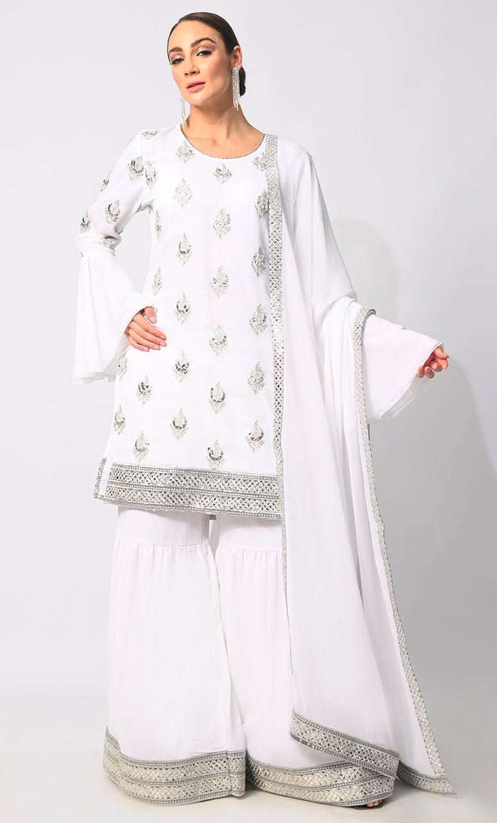 Belle of the Eid: 3 Pc Grey Garara Set with Dupatta and Bell Sleeves - EastEssence.com