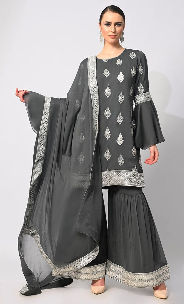 Belle of the Eid: 3 Pc Grey Garara Set with Dupatta and Bell Sleeves - EastEssence.com