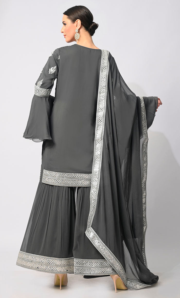 Belle of the Eid: 3 Pc Grey Garara Set with Dupatta and Bell Sleeves - EastEssence.com