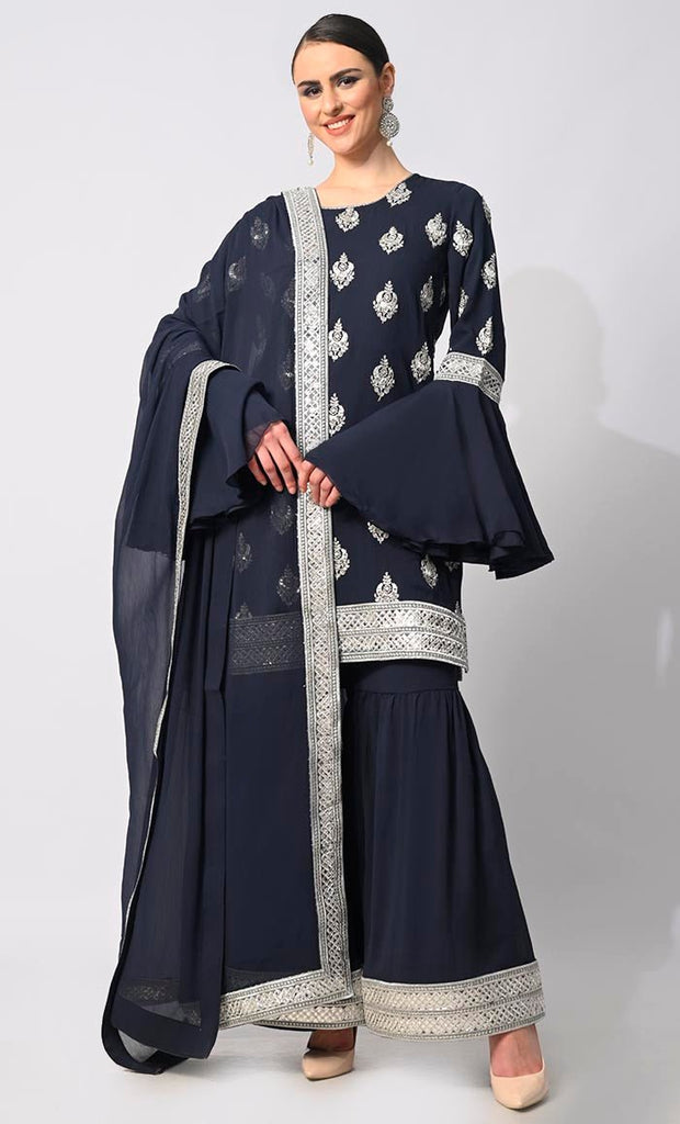 Belle of the Eid: 3 Pc Navy Garara Set with Dupatta and Bell Sleeves - EastEssence.com