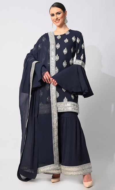 Belle of the Eid: 3 Pc Navy Garara Set with Dupatta and Bell Sleeves - EastEssence.com