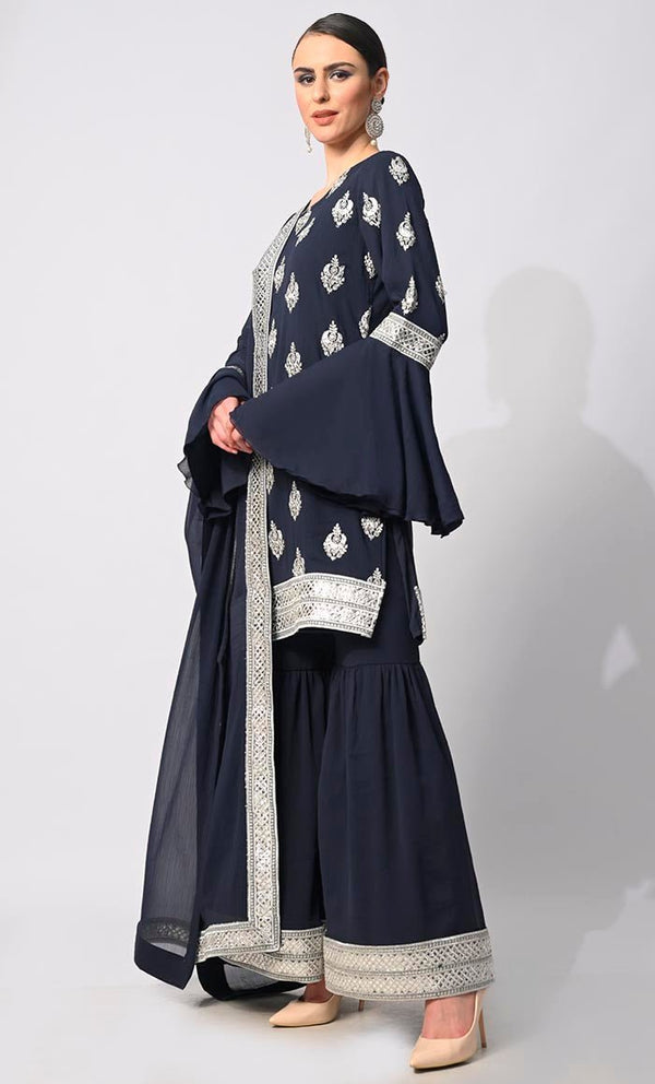 Belle of the Eid: 3 Pc Navy Garara Set with Dupatta and Bell Sleeves - Final Sale - EastEssence.com