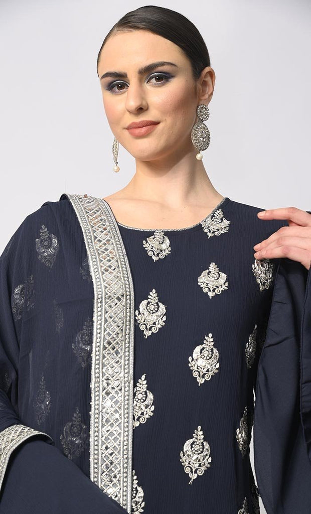 Belle of the Eid: 3 Pc Navy Garara Set with Dupatta and Bell Sleeves - Final Sale - EastEssence.com