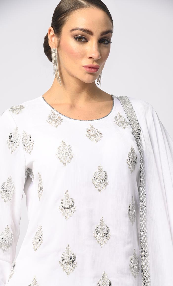 Belle of the Eid: 3 Pc White Garara Set with Dupatta and Bell Sleeves - EastEssence.com