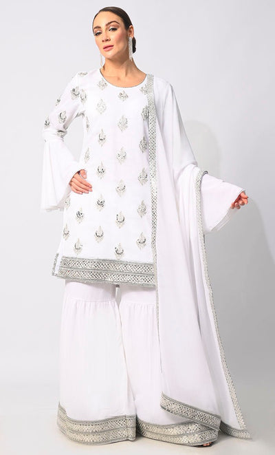 Belle of the Eid: 3 Pc White Garara Set with Dupatta and Bell Sleeves - EastEssence.com