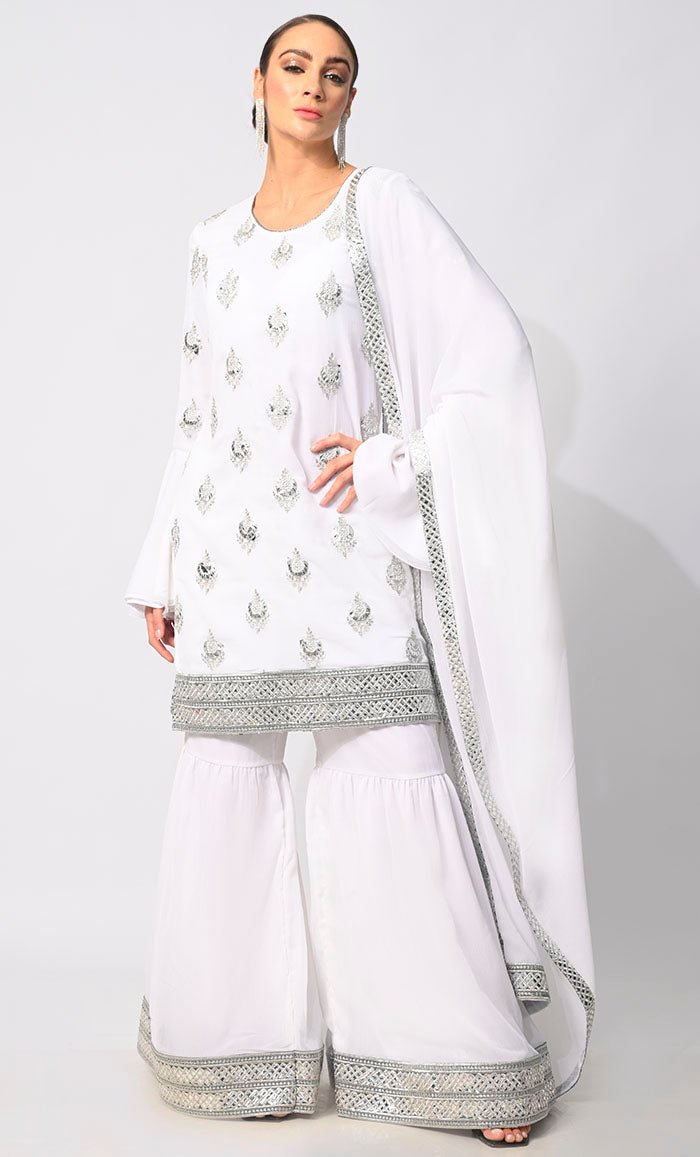Belle of the Eid: 3 Pc White Garara Set with Dupatta and Bell Sleeves - EastEssence.com